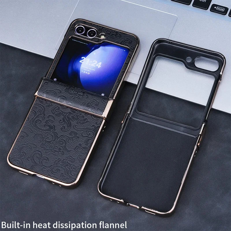 Luxury Dragon Pattern Leather Phone Case For Samsung Galaxy Z Flip 7 FE 6 5 4 3 Flip6 ZFlip7 3-Pieces-Set Plating PC Hinge Cover