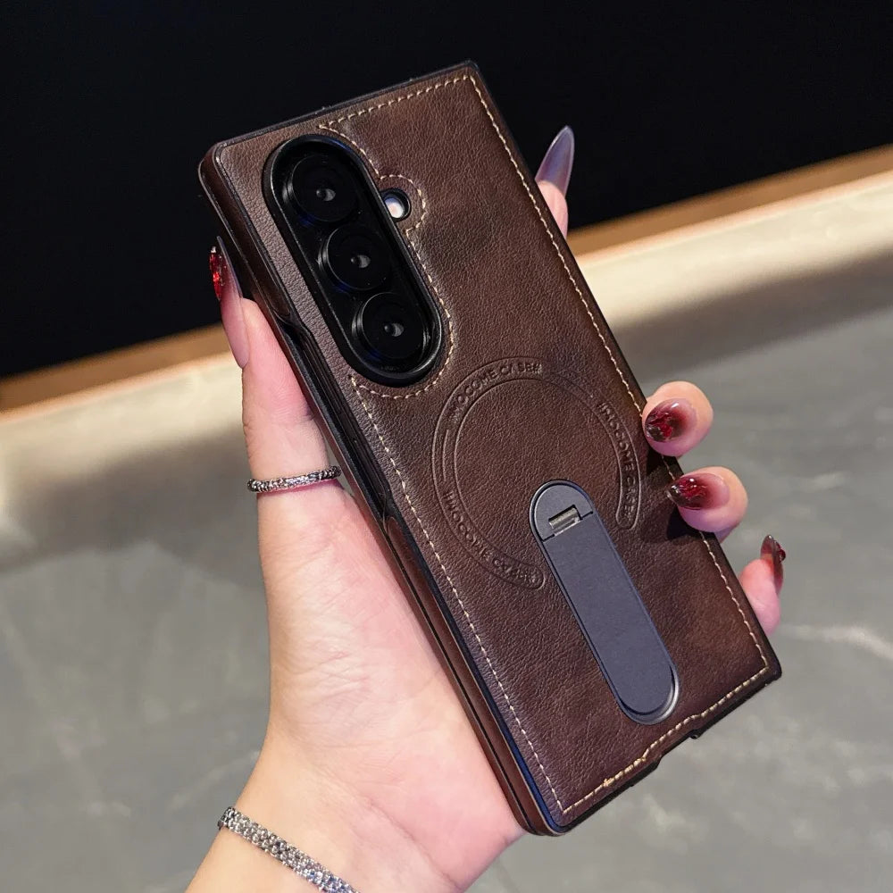 Luxury Magnetic Leather Case For Samsung Galaxy Z Fold 7 6 5 4 3 5G Folding Bracket Holder Wireless Charging Cover For Zfold7