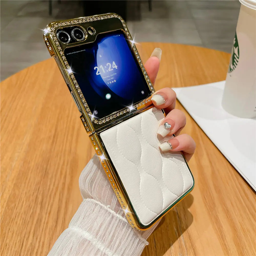 Luxury Bling Diamond Leather Plating Case For Samsung Galaxy Z Flip 6 Flip 5 Flip 3 4 Shockproof Cover Funda