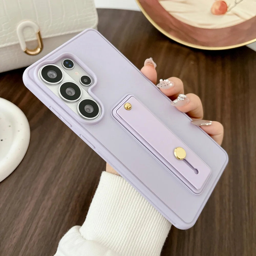 Luxury Plain Wrist Strap Holder Phone Case For Samsung Galaxy S26 S25 S24 S23 S22 Ultra Plus Wristband Protection Cover Bumper