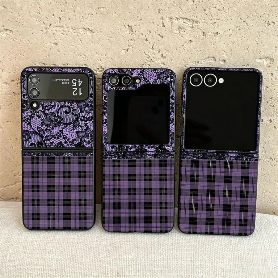 Back Phone Cover Funda Case for Samsung Galaxy Flip6 Flip3 Flip5 Flip4 Flip7 FE Z Flip 7 6 5 4 3 Plaid Lace Floral