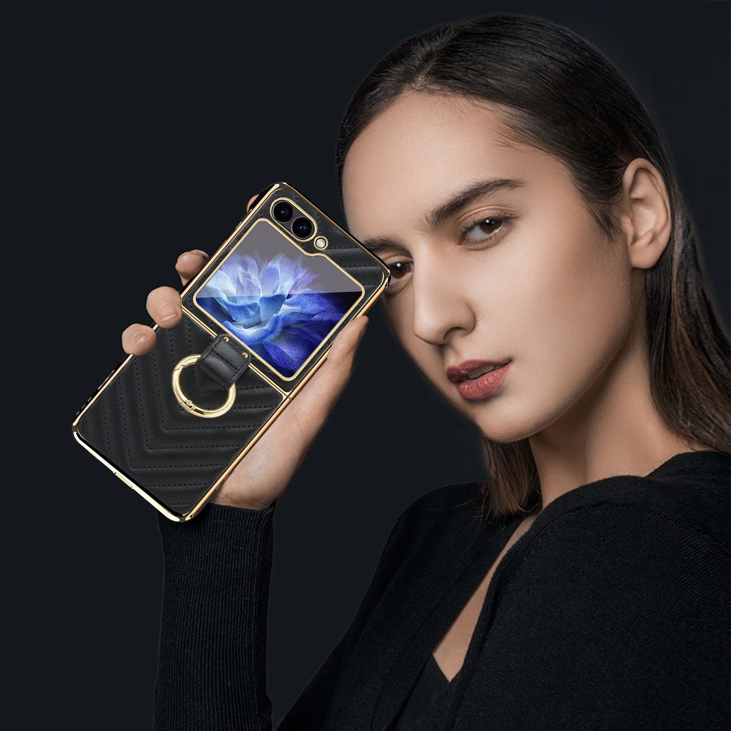 VIETAO Compatible With Samsung Galaxy Z Flip7 6 5 4 3 Golden Plated Finger Ring Holder Kickstand Leather Mobile Phone Case, Blue