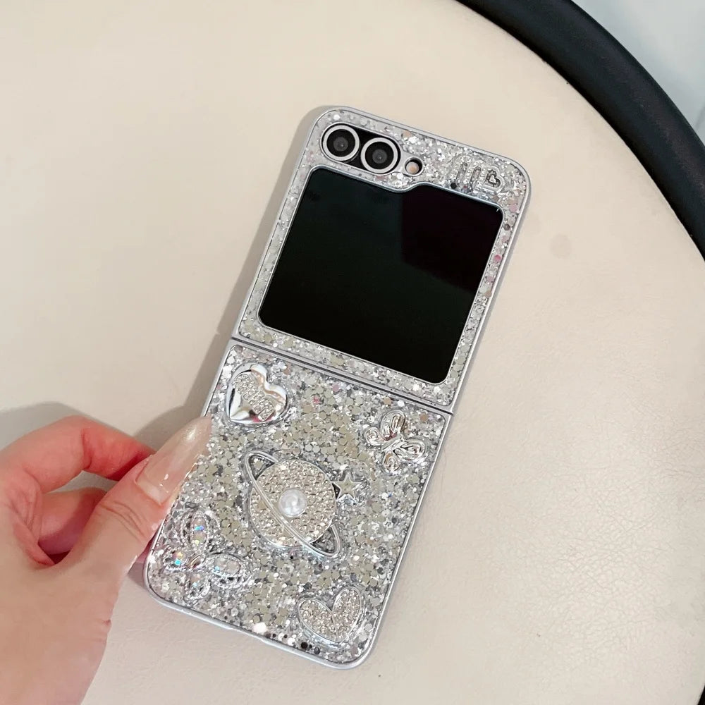 Z Flip8 Glitter 3D Diamond Butterfly Satellite Heart Pattern Case for Samsung Galaxy Z Flip7 FE 6 5 8 for Gift Shockproof Cover