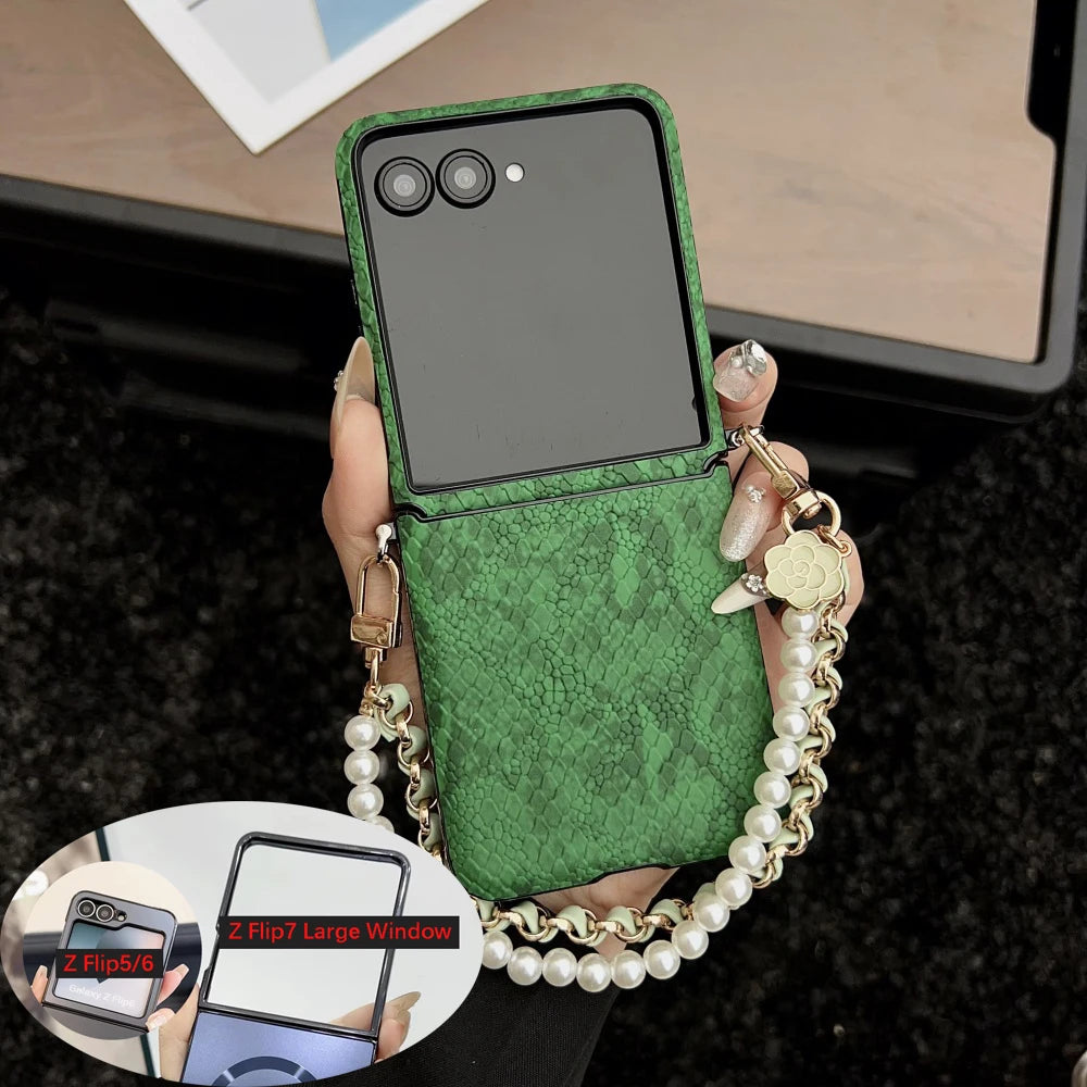 Luxury Snake Texture PU Leather Case For Samsung Galaxy Z Flip7 Flip 7 6 5 4 Zflip6 Case Pearl Flower Bracelet Strap Back Cover