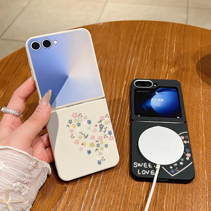 Magnetic Sweet Love Pattern Phone Case For Samsung Galaxy Z Flip7 FE Flip6 Flip 7 6 5 4 3 5G For Magsafe Soft TPU Folding Cover