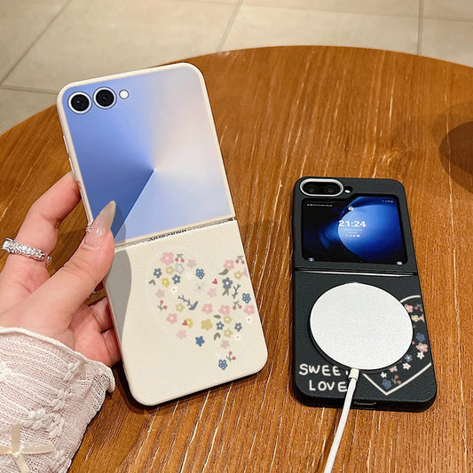 Magnetic Sweet Love Pattern Phone Case For Samsung Galaxy Z Flip7 FE Flip6 Flip 7 6 5 4 3 5G For Magsafe Soft TPU Folding Cover