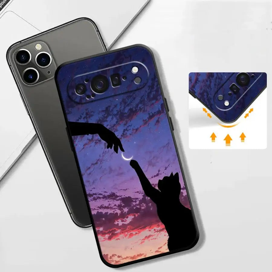 Funda Phone Cover Case for Google Pixel 10A 6 7 8 Pro 10 9 Pro XL 6a 7a 9a 8a Cartoon Night Sky Cat