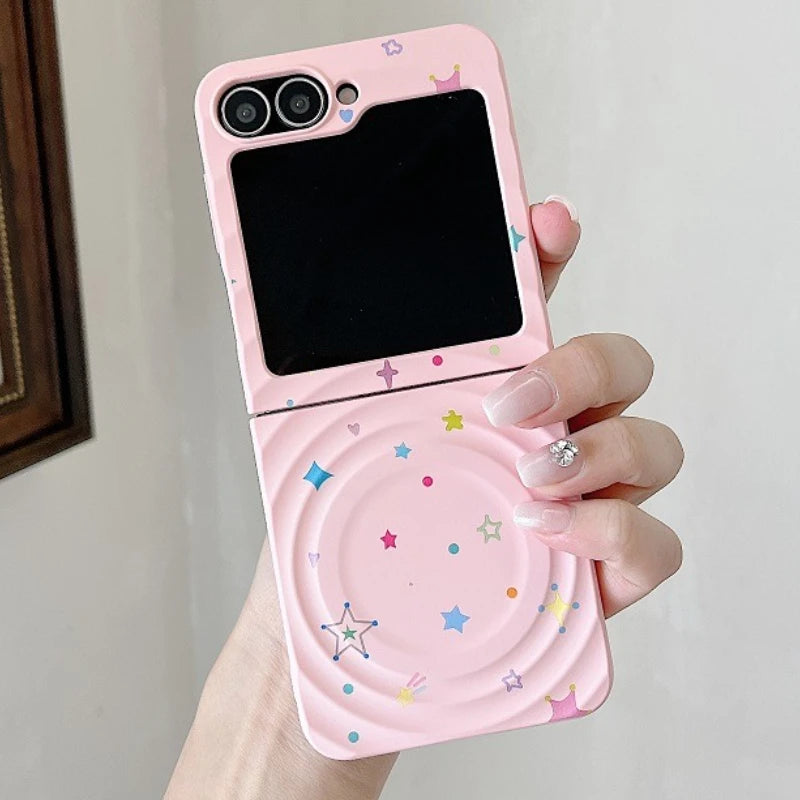 Korean Cute Star Wave Case For Samsung Galaxy Z Flip 5 6 5G Flip6 Flip5 2-piece set With Bracelet Love Heart Holder  Back Cover
