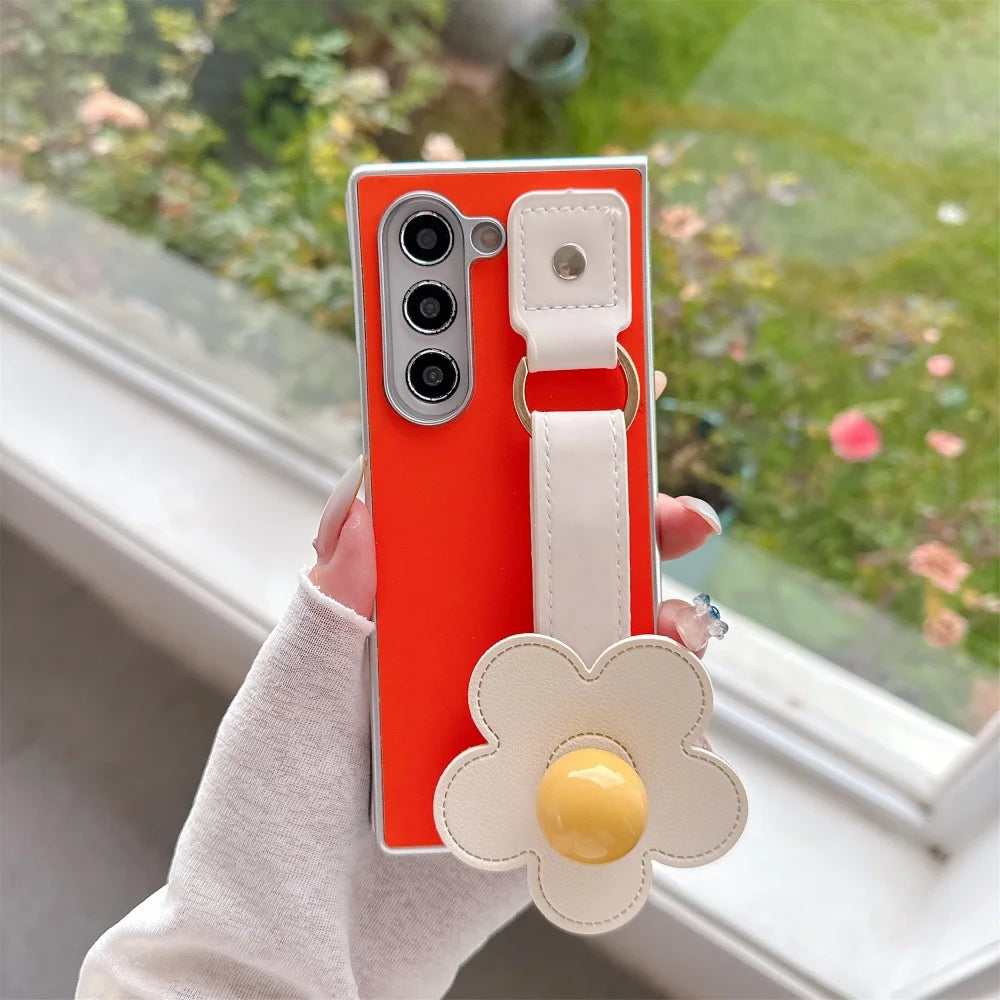 For Samsung Galaxy Z Fold7 Fold 7 6 5 4 3 Zfold6 3D Flowers Leather Wristband Phone Case Plating Silver Frame Shockproof Cover