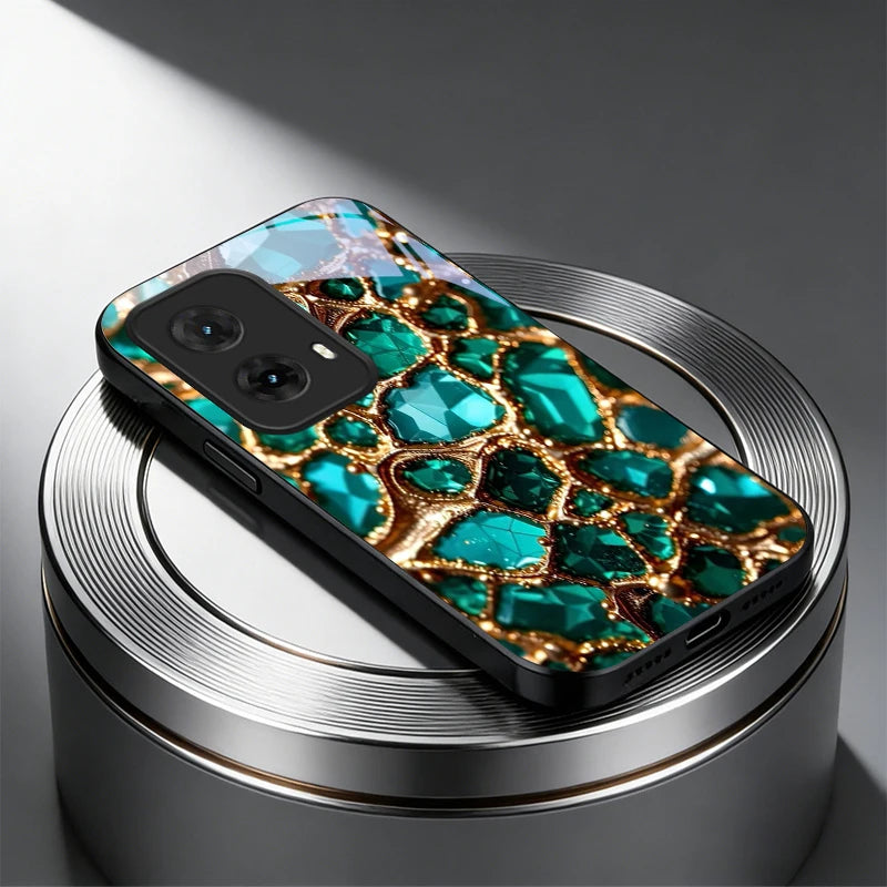 Luxury Green Gem Golden Black Glass Phone Case For Motorola Moto Edge 60 70 20 Lite 30 Pro 40 50 Ultra G45 G54 G55 G75 84 Cover
