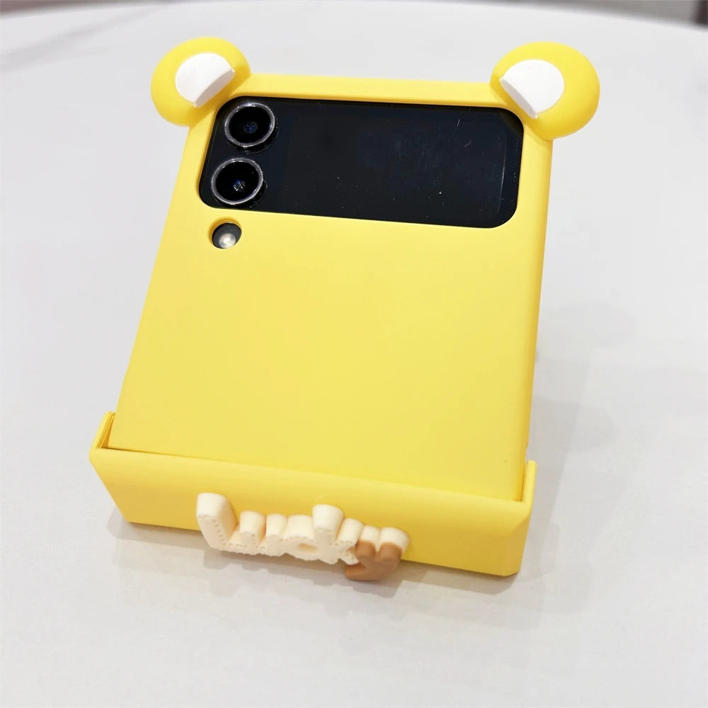 Korean Cute Pink Bear Ear Lucky Phone Case For Samsung Galaxy Z Flip 6 Zflip5 Cartoon For Z Flip3 Flip4 Hinge Protective Shell
