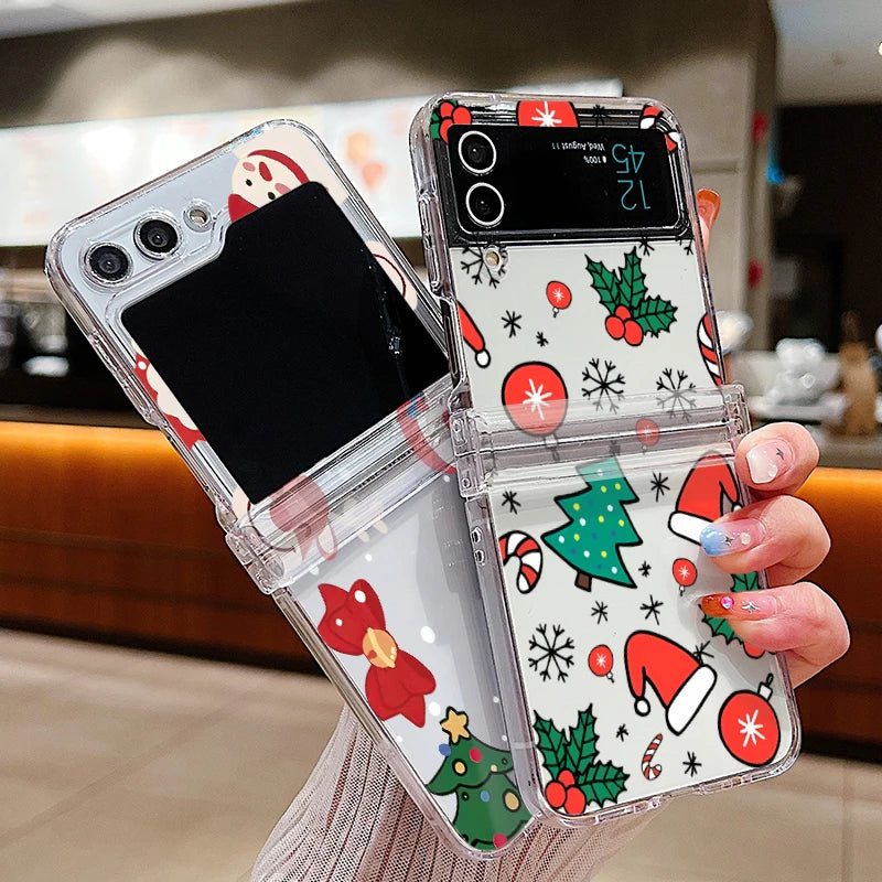 Christmas Print Transparent Phone Case For Samsung Galaxy Z Flip 7 FE 6 5 4 3 5G Folding Hard PC Cover For Samsung Z Flip7 Flip6