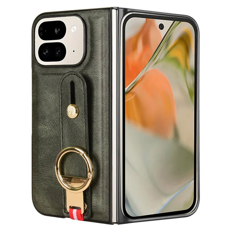 Luxury Wristband Leather Stand Case for Google Pixel 9 Pro Fold Cover Foldable With Ring Opener Hook Coque Fundas Capa