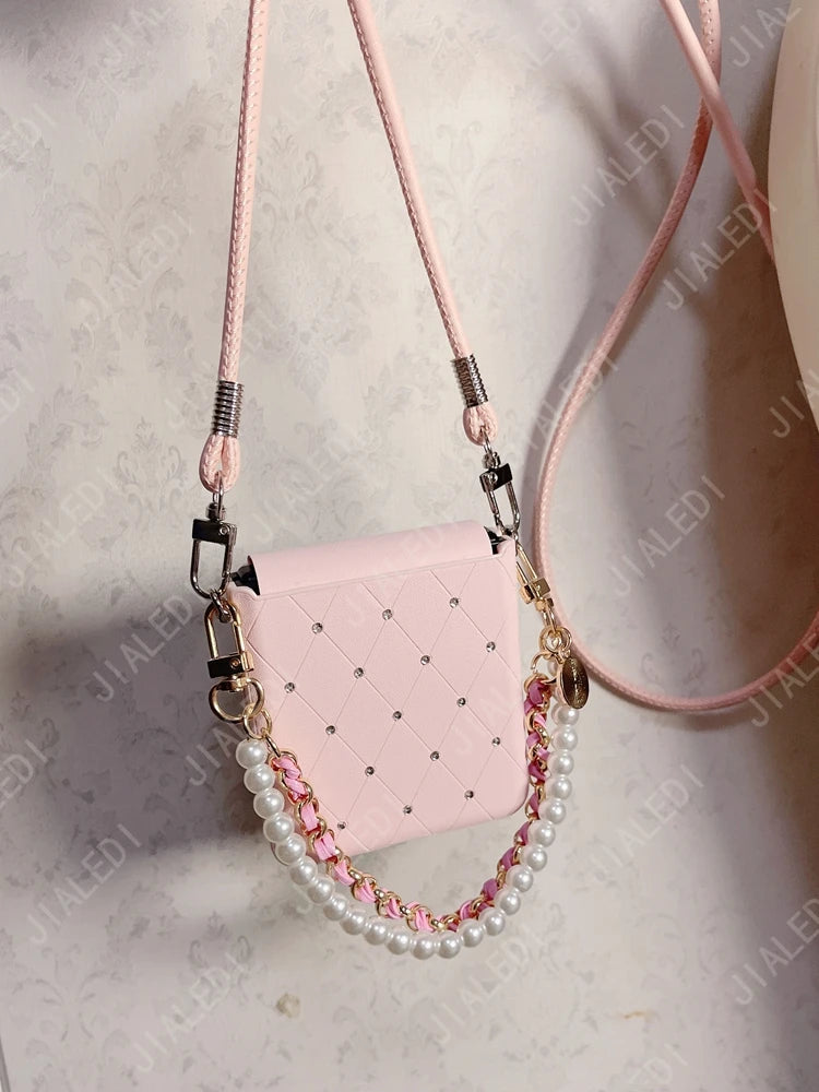 Flower Hand Strap Rhinestone Rhombus Leather Phone case For Motorola Razr 50 60 Ultra Moto Razr60 Plus