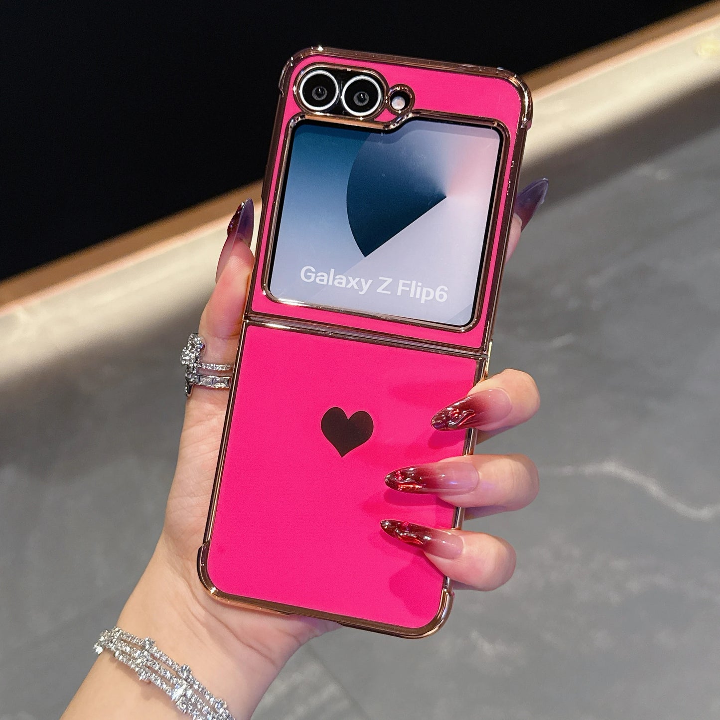 For Samsung Galaxy Z Flip 7 FE 6 5 Love Heart Pattern Fold Phone Case Luxury Electroplated Shockproof Soft Cover