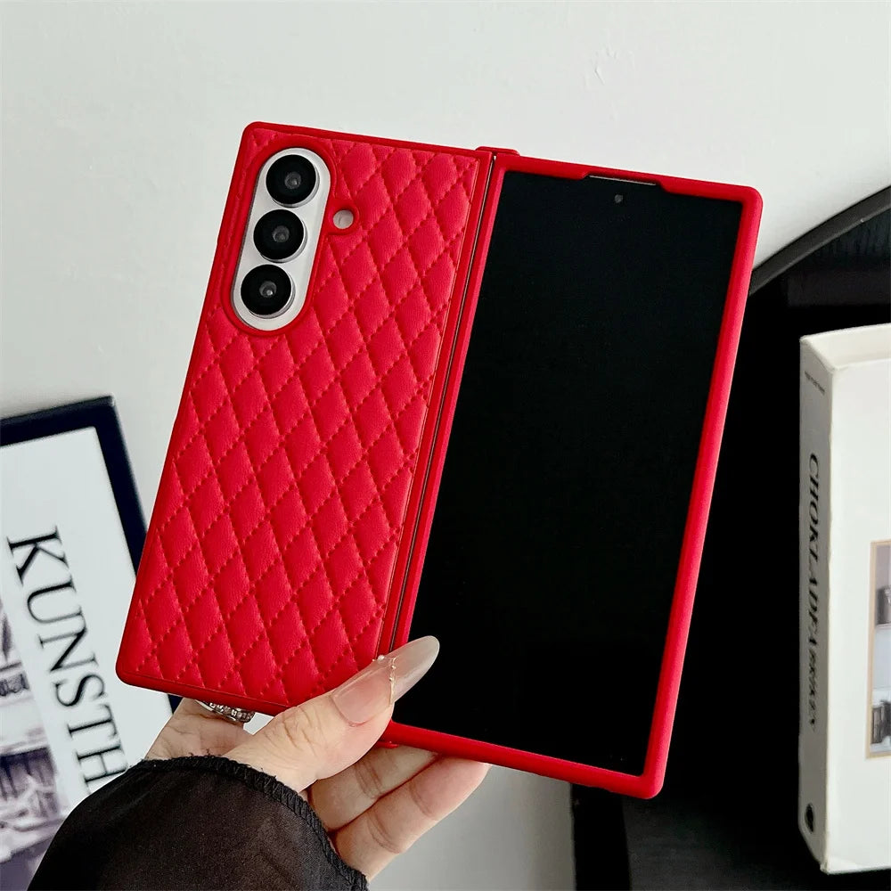 Luxury Lingge Sheepskin Folding Case Shell For Samsung Galaxy Z Fold 3 4 5 6 7 5G Advanced Anti Shock Protective Cover