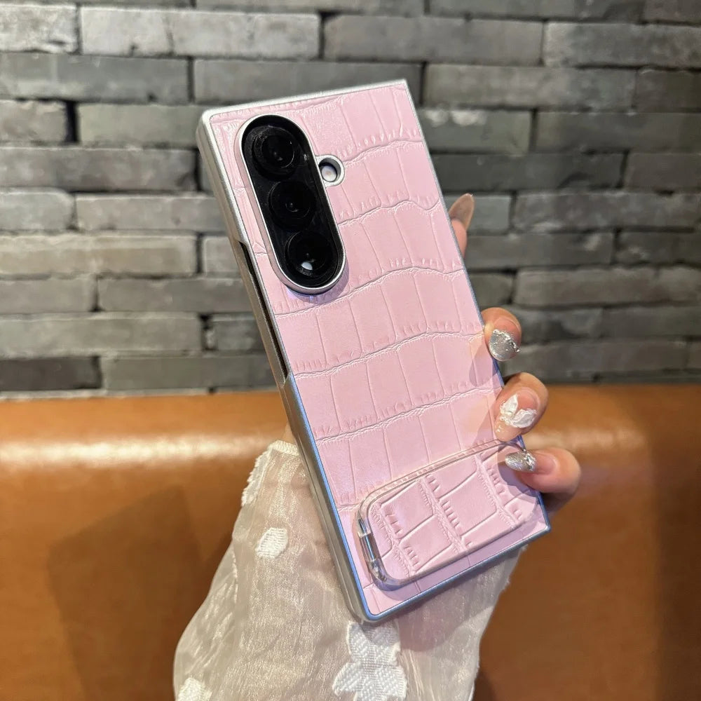 3D Crocodile Skin Pattern PU Phone Case For Samsung Galaxy Z Fold 7 6 5 4 3 Fold7 ins Y2K Invisible Makeup Mirror Bracket Cover