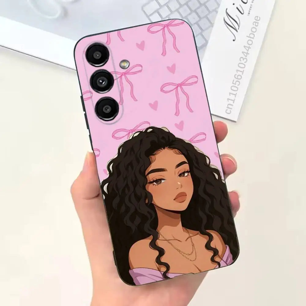 Afro Black Girls Cartoon Phone Case For Samsung S25,24,21,22,23,20,S30,Ultra,Plus,Fe,Lite,Note,5G Black Cover
