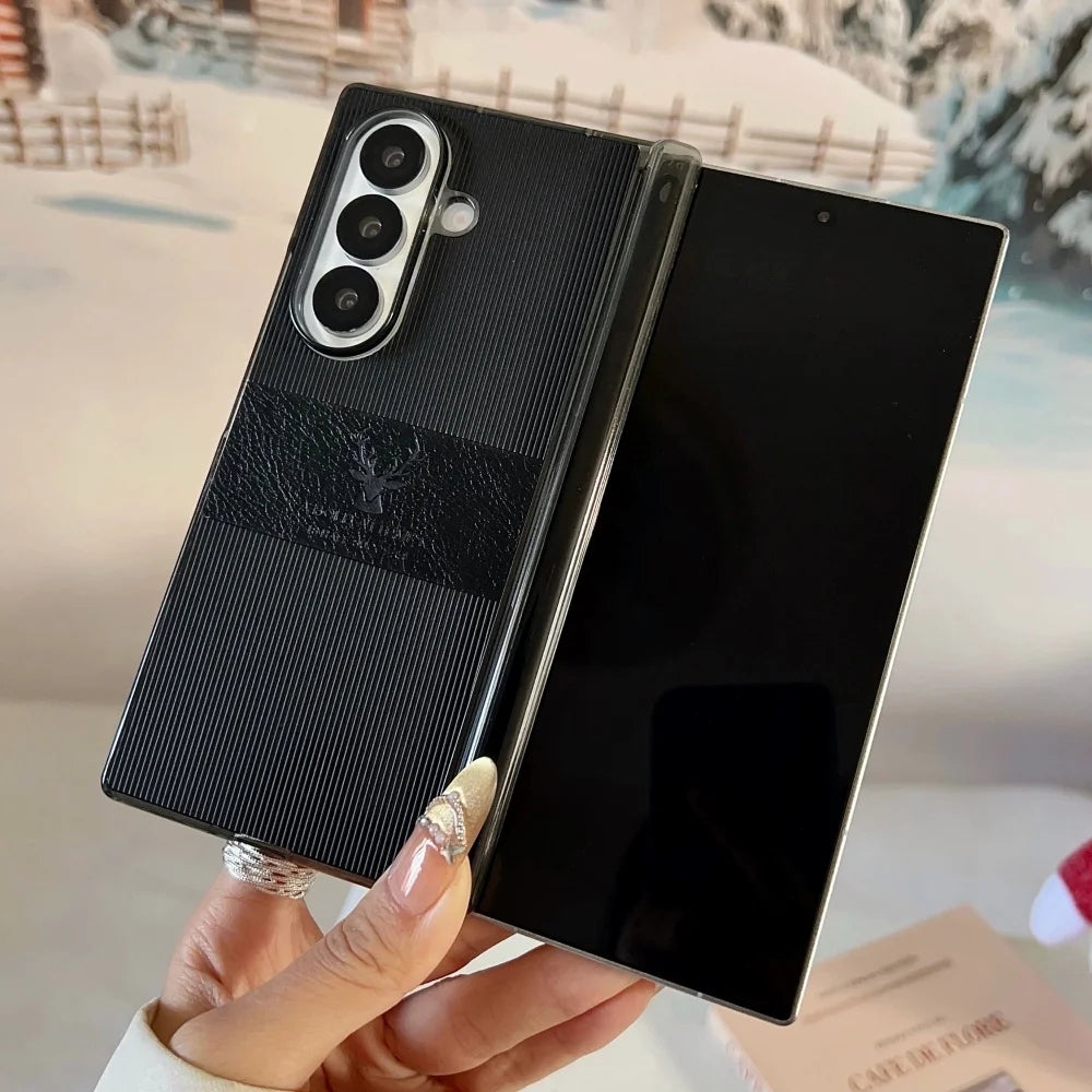 For Samsung Galaxy Z Fold 7 6 5 4 Case Magnetic Leather Deer Pattern Hinge Thin Shockproof PC Wireless Charge Cover For ZFold7