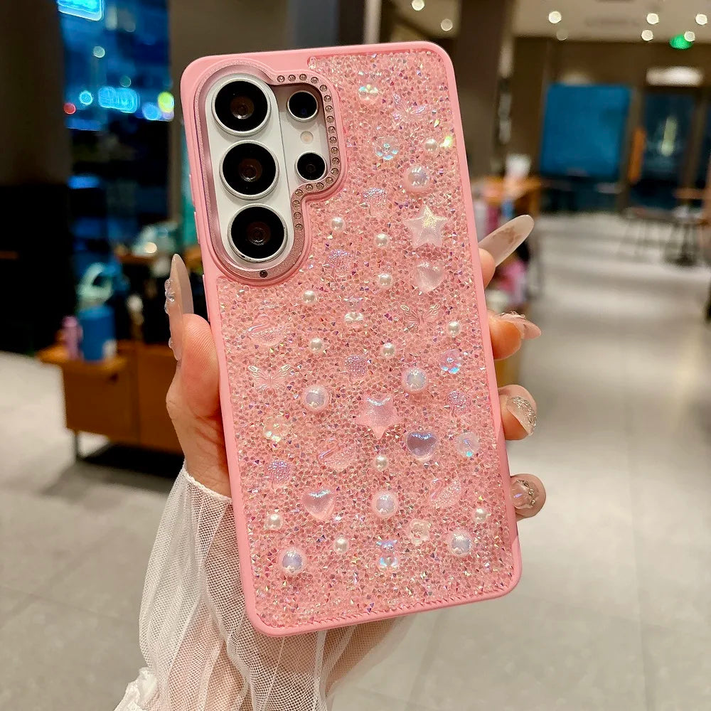 Luxury 3D Pearl Star Glitter Phone Case For Samsung Galaxy S26Ultra S25Ultra Korean Girl Shockproof Protection Back Cover