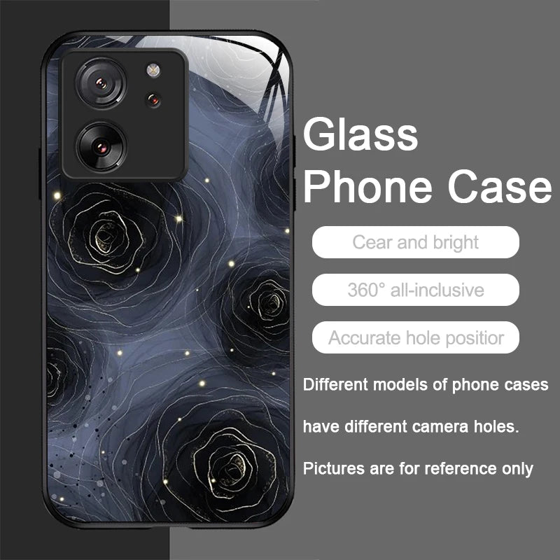 Tempered Glass Phone Case for Motorola Moto G85 G84 G75 G55 G24 Edge 50 Fusion 40 Neo 30 Pro Luxury Black Rose Flower Hard Cover