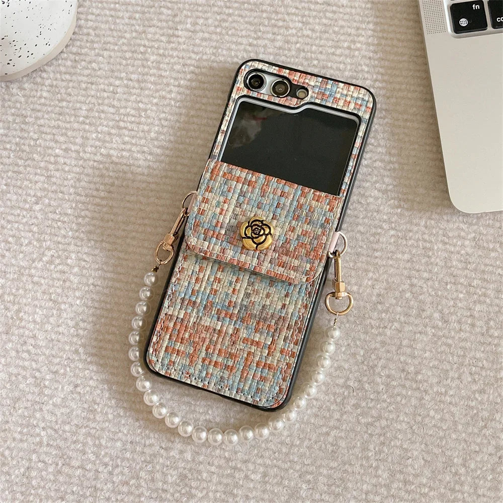 For Samsung Galaxy ZFlip7 Z Flip 7 6 5 4 3 Flip6 Flip5 Flip4 Flip3 5G Case Luxury Texture PU Leather Card Holder Wrist Strap