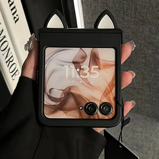 Japan Korean Cute 3D Cat Ears Phone Case For Motorola Razr 50 50ultra Razr40 Ultra Back Cover For Samsung Galaxy Z Flip 6/5/4/3