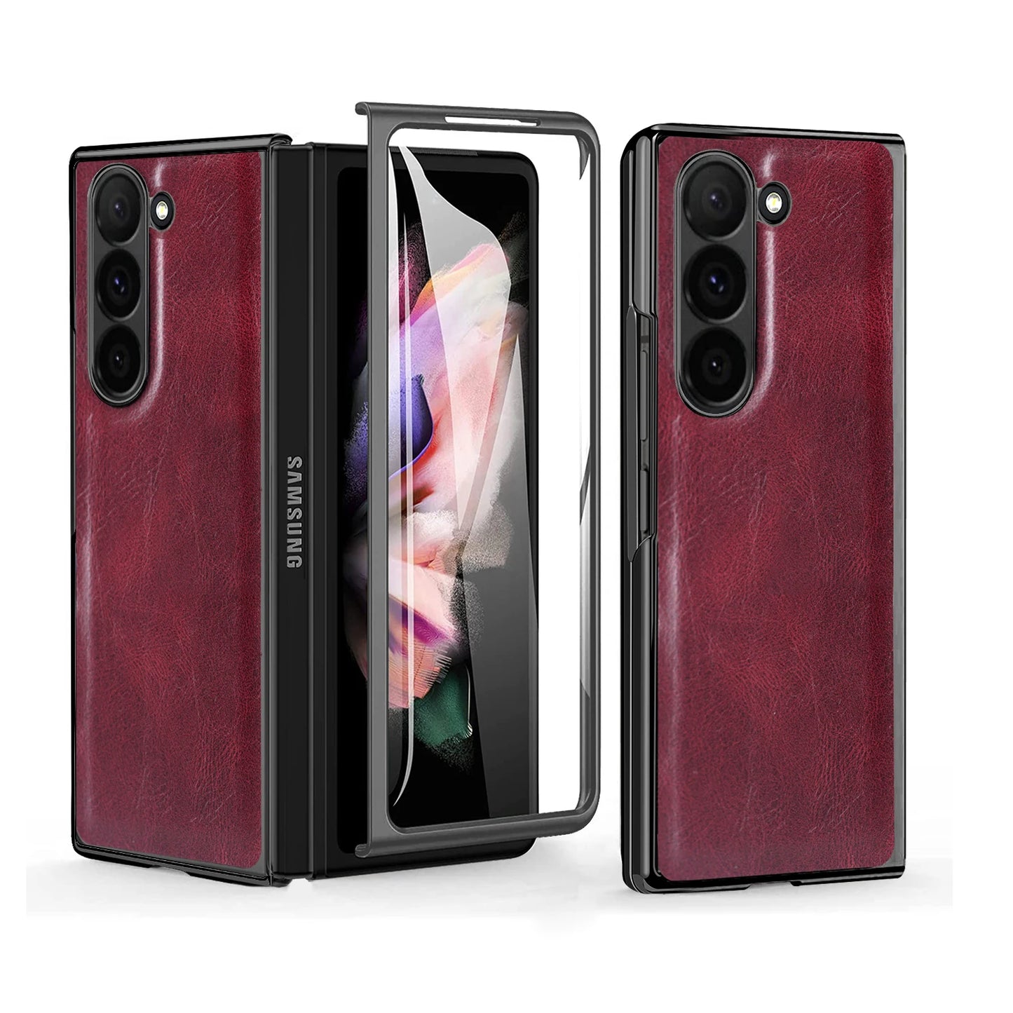 VIETAO Crazy Horse Plain PU Leather Mobile Phone Case With Temper Glass For Samsung Galaxy Z Fold 6 Fold 5 Fold 4 Fold 3 Fold 2