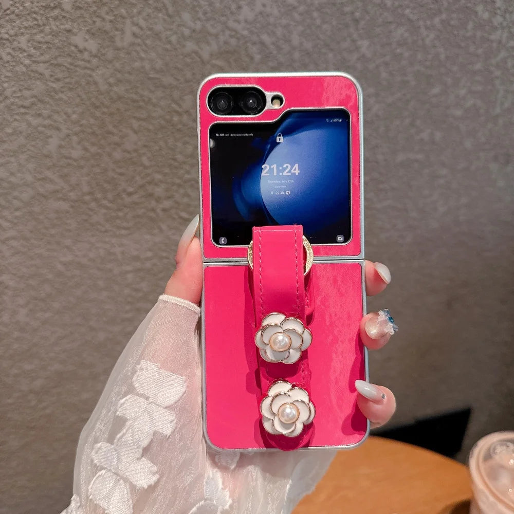 3D Pearl Camellia Flowers Wristband Phone Case for Samsung Galaxy Z Flip 7 6 5 4 3 Flip7 Zflip6 Plating Bumper Shockproof Cover