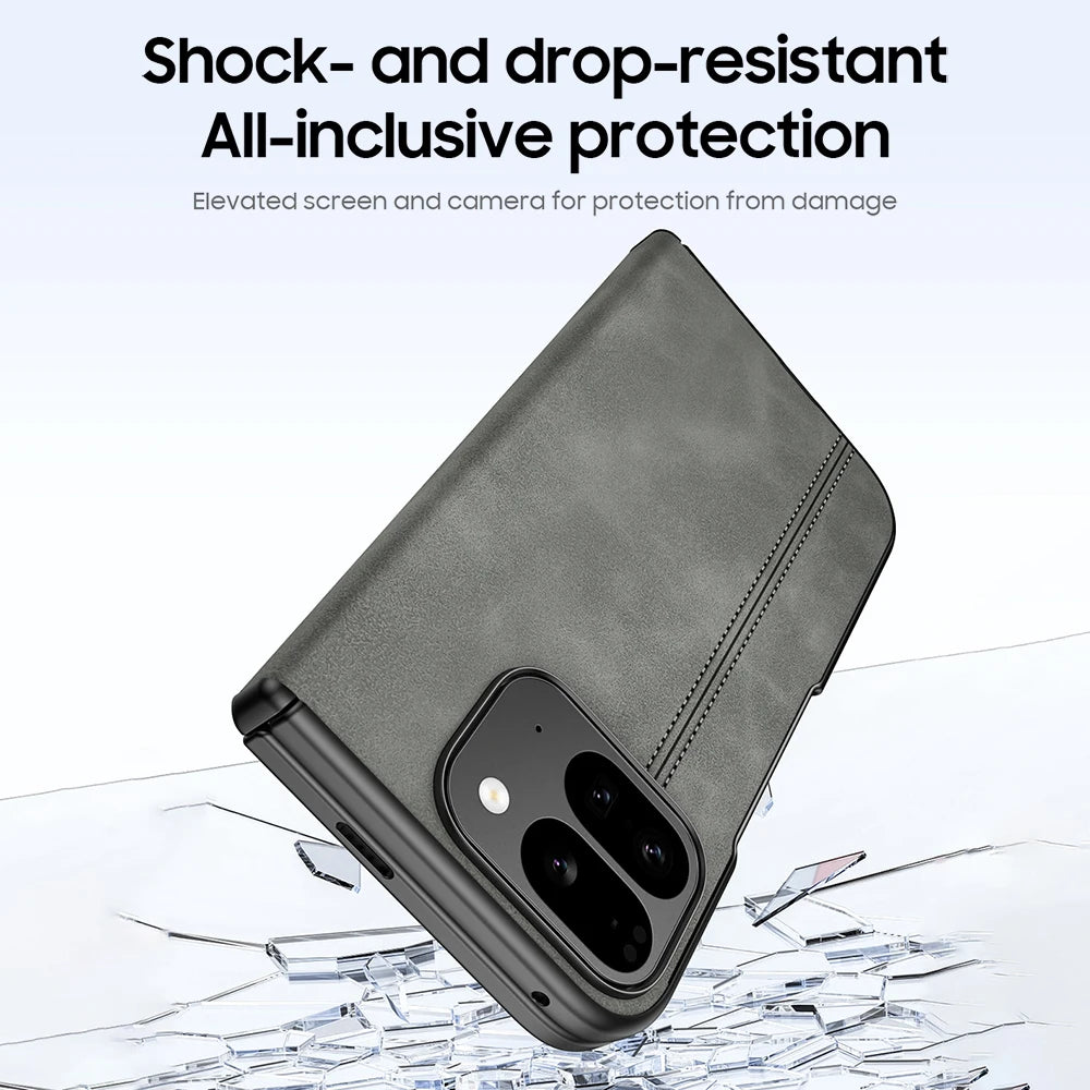 for Google Pixel 9 Pro Fold Phone Case, Sheepskin Texture Magnetic Hinge Protective Case, Integrated Protective Film