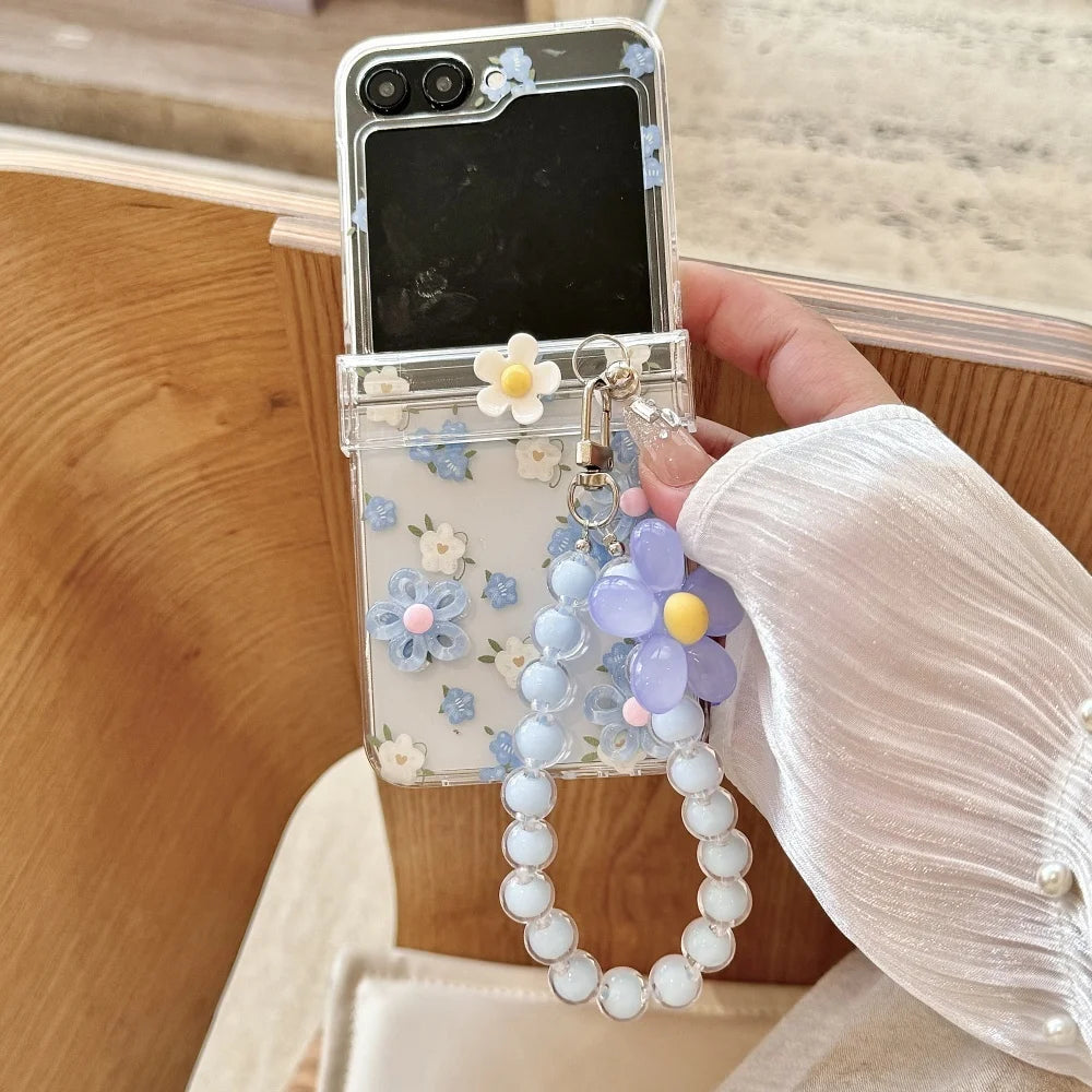 Cute 3D Flower Beads Wrist Chain Case for Samsung Galaxy Z Flip 7 6 5 zflip 3 4 Flip7 Bracelet Hard Acrylic Ins Korean Cover