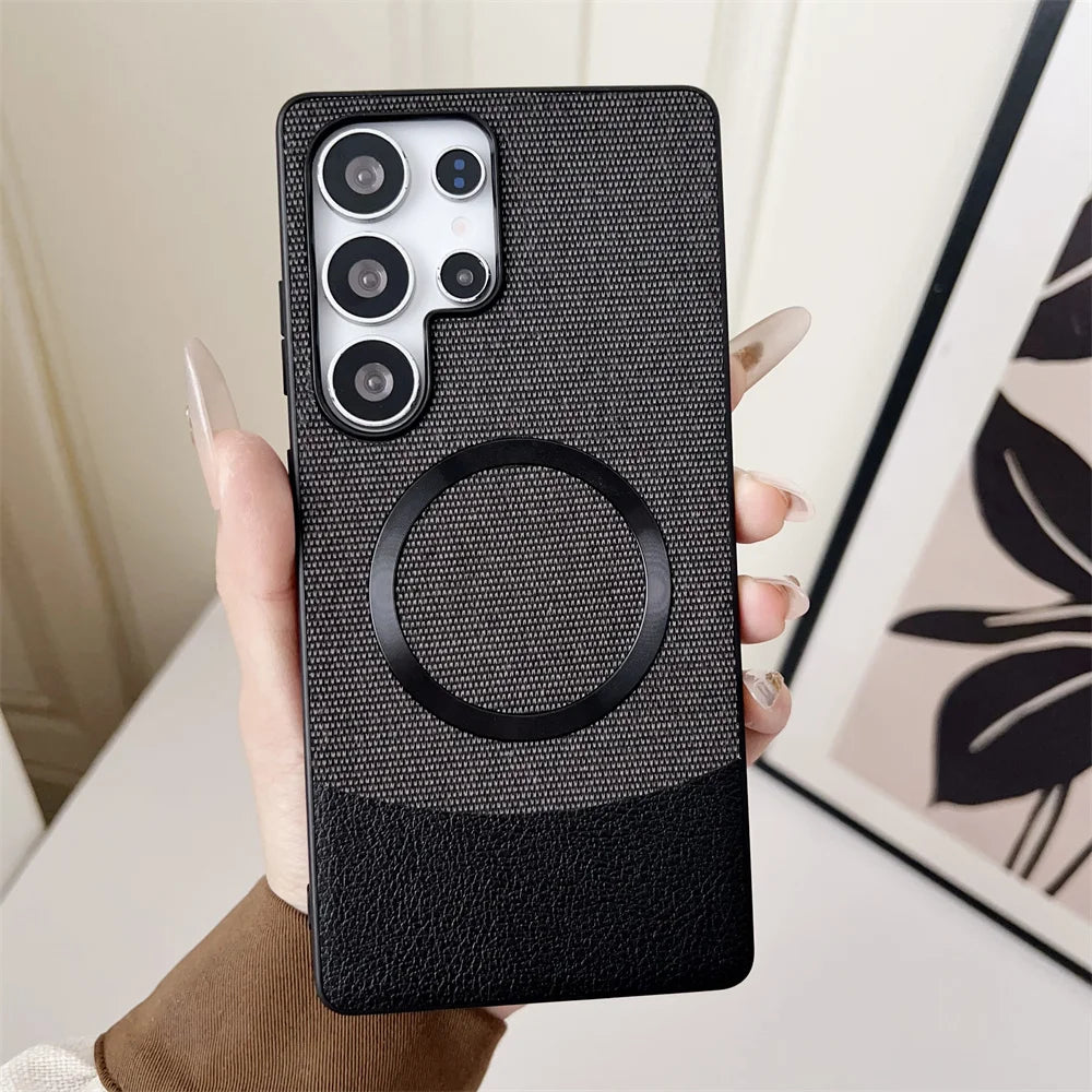 Luxury Patchwork Leather Magnetic Phone Case For Samsung Galaxy S25 Ultra s25 Plus For Magsafe Wireless Charging Hybrid PC Cover
