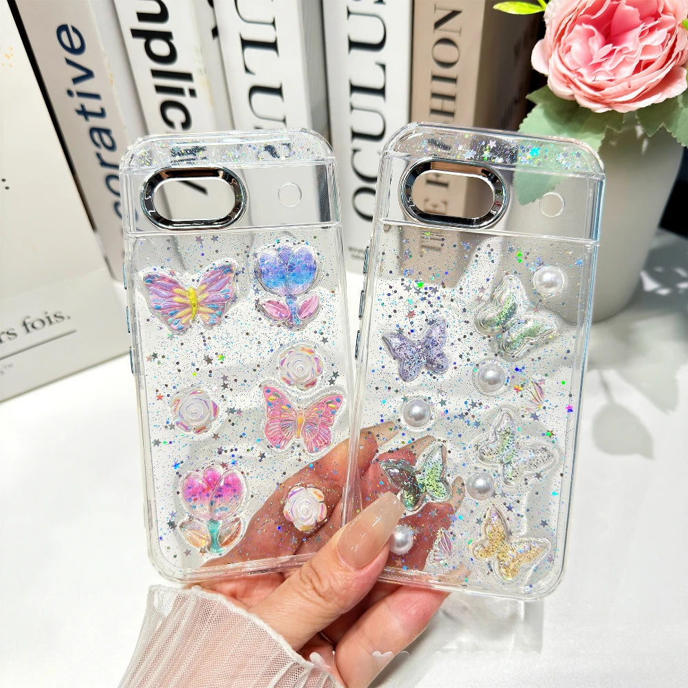 Cute 3D Rose Butterfly Bow Pearl Glitter Transparent Case for Google Pixel 8 9 10 Pro XL 9A 8A Shockproof Epoxy Clear TPU Cover