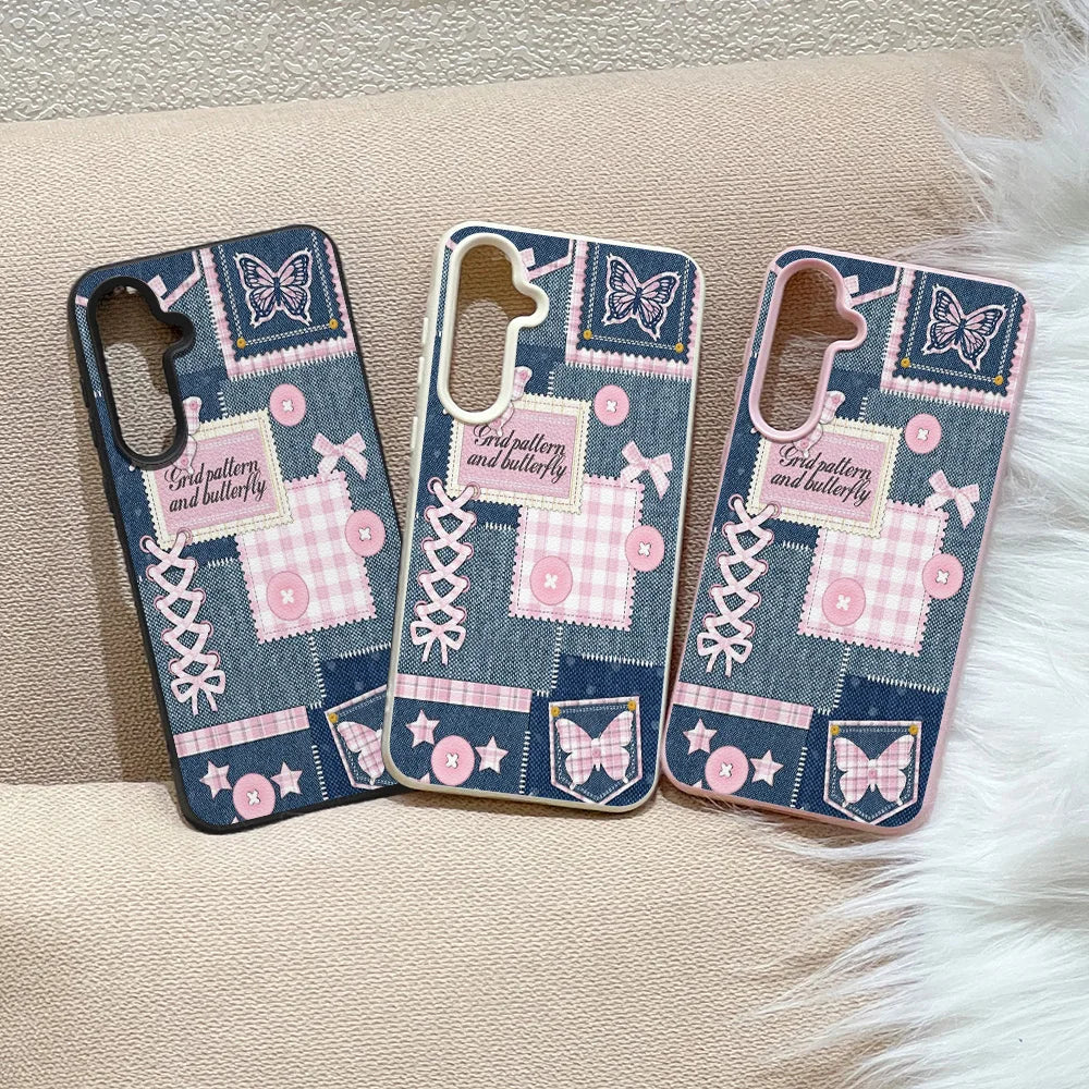 Phone Case for Samsung Galaxy S26 S25 S23 Ultra S24 FE A57 A56 A55 A54 A53 A16 5G A07 A06 A15 4G Cases Denim Patchwork Butterfly