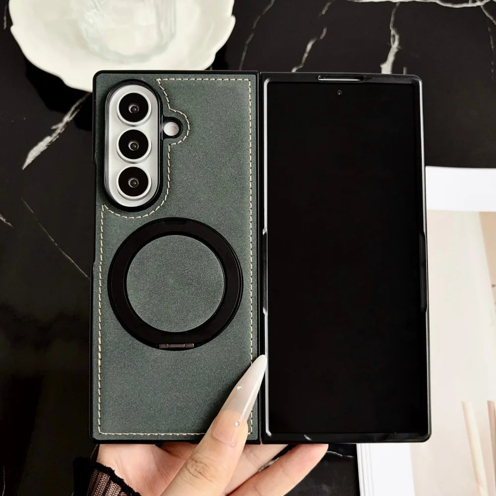 Luxury Matte Sheepskin For Magsafe Phone Case For Samsung ZFold 8 7 6 5 4 3 ZFold8 Wide ZFold7 360° Rotating Stand  Back Cover