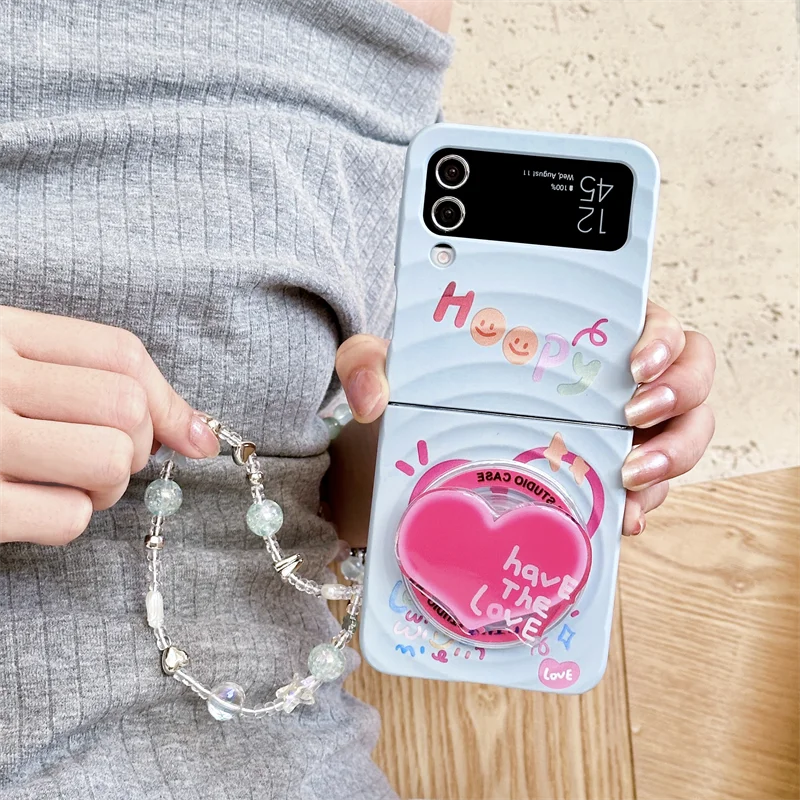 Korean Cute Star Magnetic Stand Holder Phone Case For Samsung Galaxy Z Flip 7 6 5 4 3 Flip5 Flip6 Flip7 Cover Cases with Chain