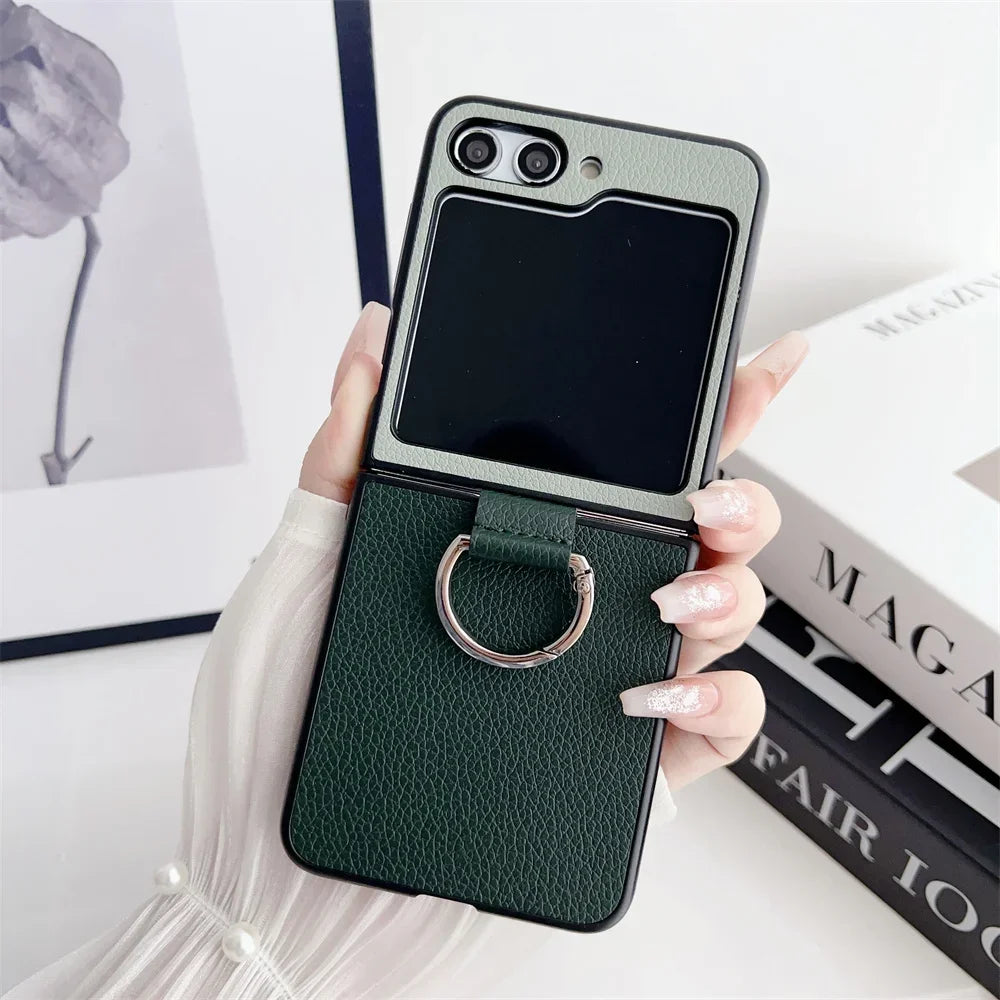 flip 6 Case Double Color Ring Holder Luxury Phone Case for Samsung Galaxy Z Flip 6 5 4 3 2 1 flip6 Flip5 PU Leather Cover