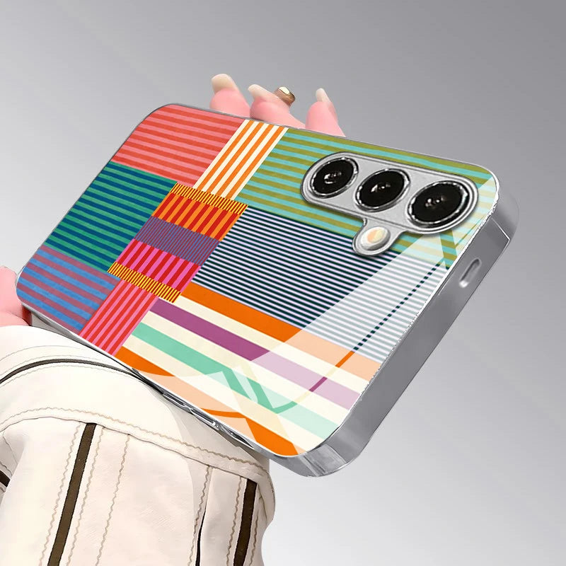 Color Stripe Pattern 2D Phone Case for Samsung S26 S25 S24 S23 S22 S21 S20 A56 A36 A16 - Electroplated Glass Protective Cover