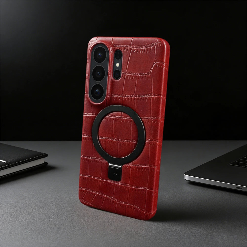 Magnetic Case For Samsung Galaxy S26 Ultra S25 Plus S24 FE S23 S22 S21 S20 Phone Case Back Cover Bracket Ring Crocodile Leather