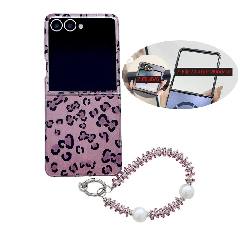 Fashion Pink Leopard Print Phone Case For Samsung Galaxy Z Flip 7 6 5 4 Flip7 Zflip6 Fashion Pearl Bracelet Hard Protector Cover