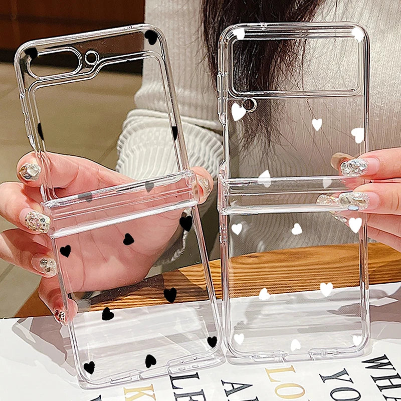 Love Heart Print Transparent Phone Case For Samsung Galaxy Z Flip7 FE Flip6 Folding Hard Cover For Samsung Z Flip 7 6 5 4 3 5G