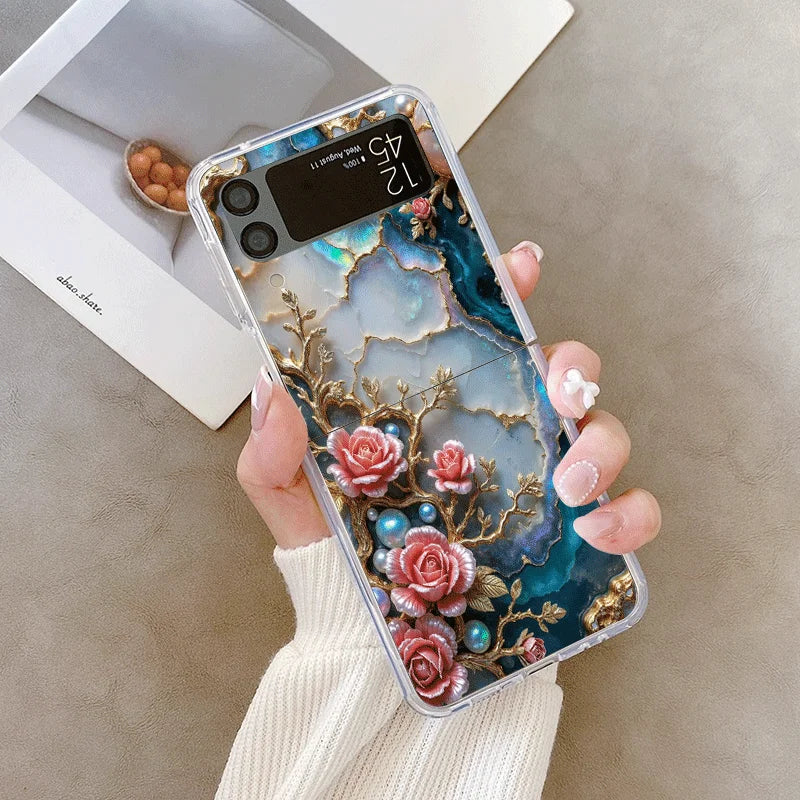 White Camellia Flower Marble Texture Phone Case for Samsung Galaxy Z Flip 7 Flip6 5 4 3 5G Folding Cover for Z Flip7 Flip5 Shell