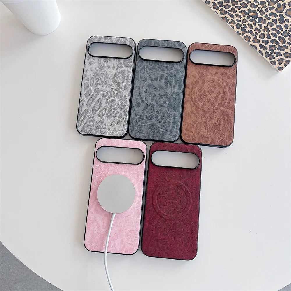 Leopard Leather for Magsafe Case For Google Pixel 9 8 7 6 Pro 9 10 Pro XL 5A 8A 7A 6A 9A pixel9 9proXL Wireless Charging Cover