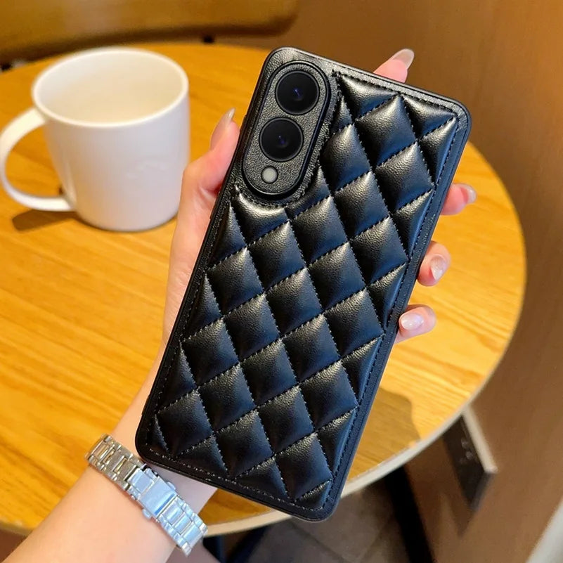 Three-dimensional Puff Check Small Fragrance Style Leather Case For Samsung S25 Edge S25 Ultra Galaxy S24 + s23 Plus S22 Cover