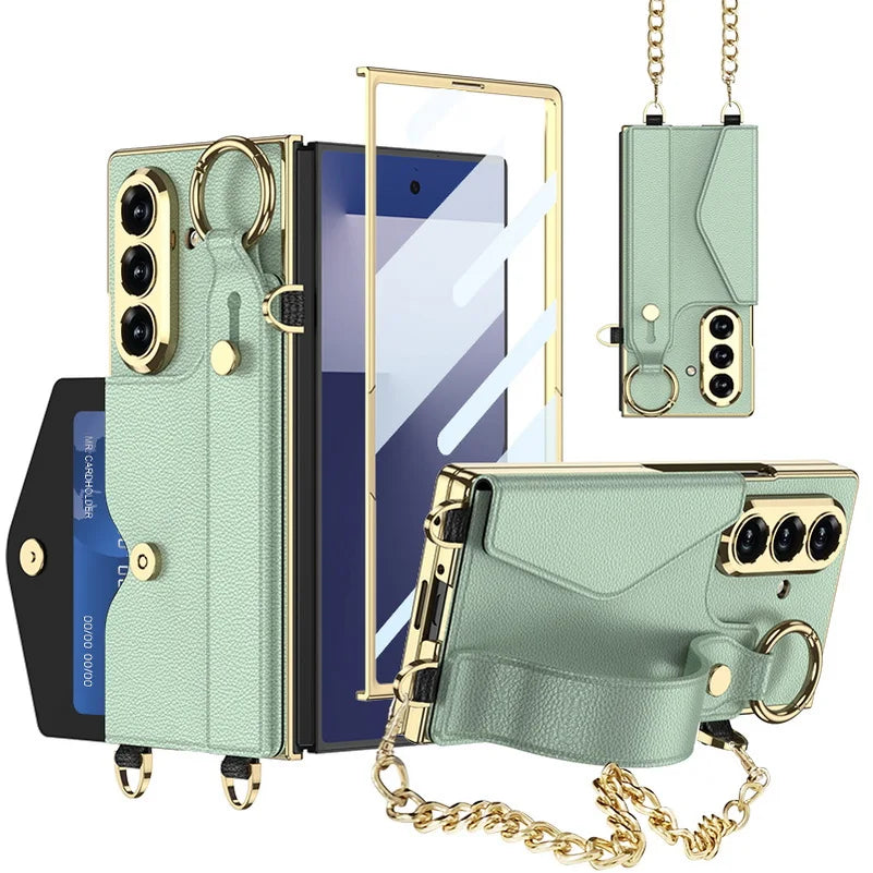 Gold Wristband Bracelet Electroplated Plain Leather Card Slot Glass Protect Case for Samsung Galaxy Z Fold7 Fold 7 6 Cover