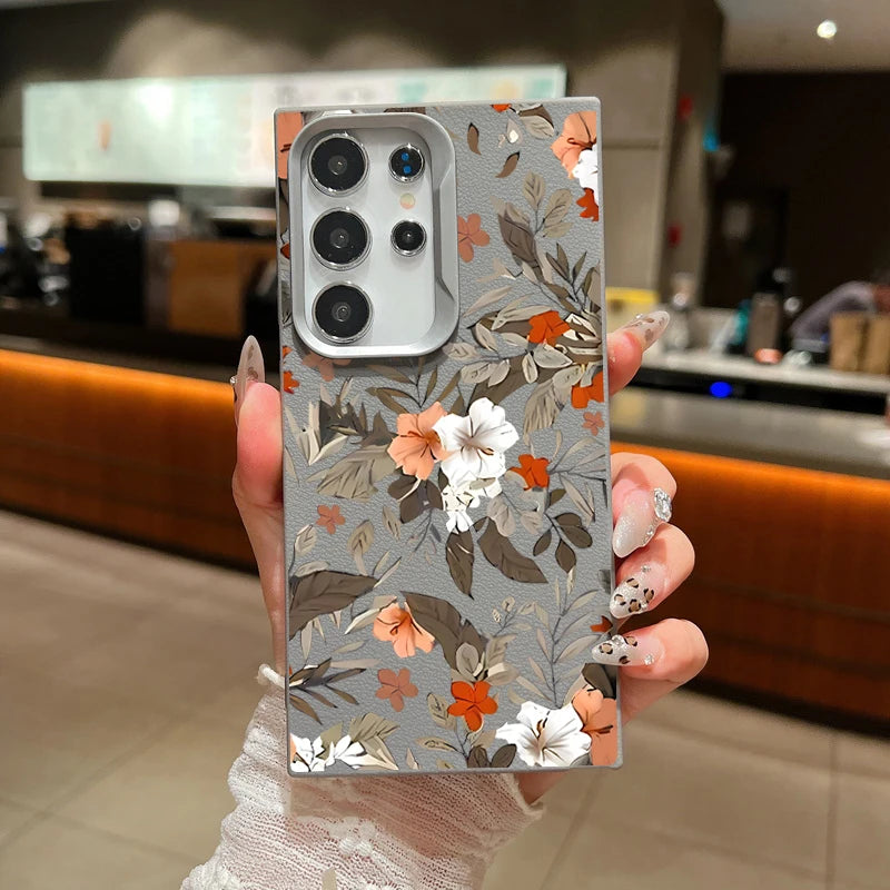 Flower Leaves Case For Samsung Galaxy A55 A35 A25 A15 5G A54 A34 A14 A53 A52 A16 S20 S21 FE S22 S23 S24 Ultra Leather Texture