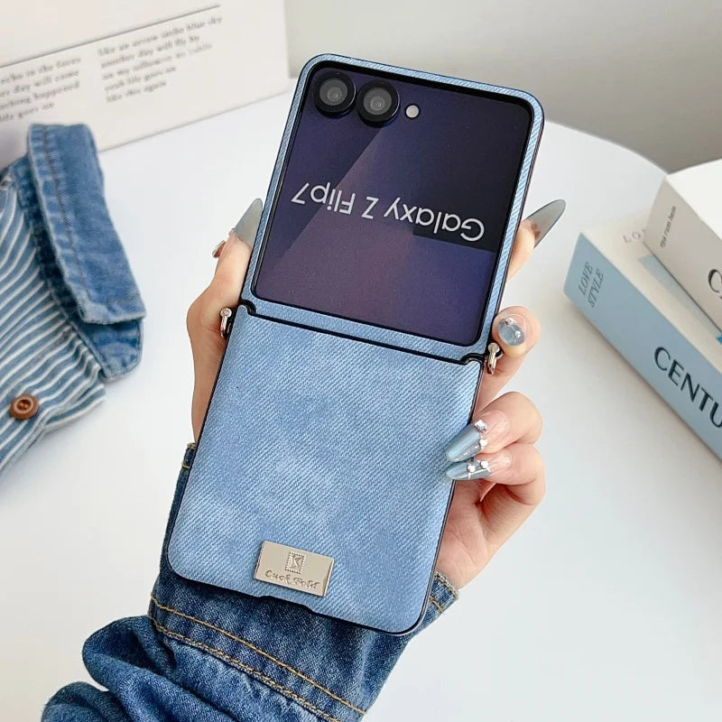 Fashion Denim Fabric Cute Phone Case For Samsung Galaxy Z Flip 7 6 5 4 Z Flip6 Z Flip7FE Cover with Hand Rope Cute Hinge Cases