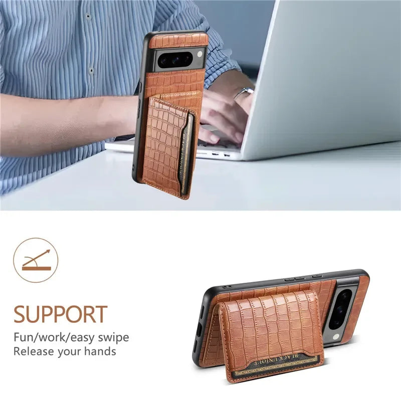 Multifunctional Crocodile Pattern Leather Phone Case Coque For Google Pixel 10 Pro 9 8 7 6 Pro 6A 7A 8A 9Pro Holder Shell Cover