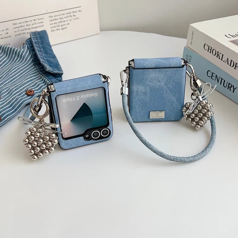 Fashion Denim Fabric Cute Phone Case For Samsung Galaxy Z Flip 7 6 5 4 Z Flip6 Z Flip7FE Cover with Hand Rope Cute Hinge Cases