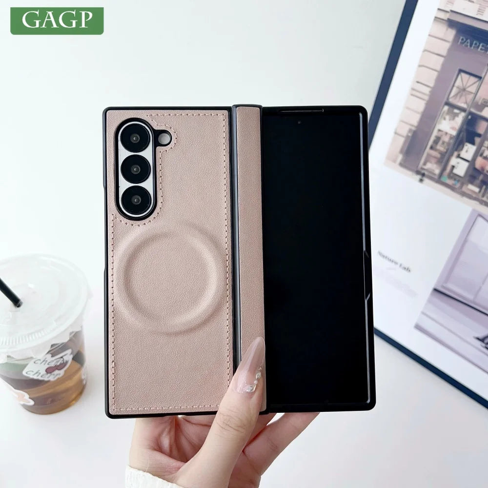 For Samsung Z Fold 7 Leather for Magsafe Wireless Charge Case For Samsung Galaxy Z Fold 7 6 5 4 3 Hinge Protect Armor 2in1 Cover